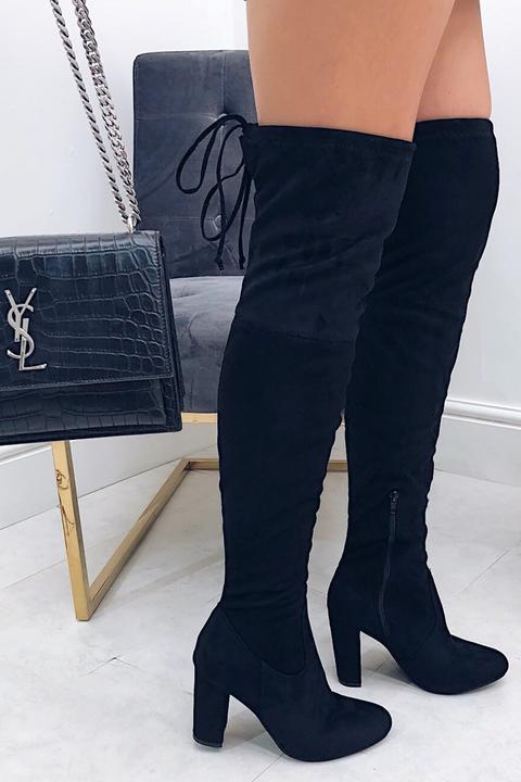 Yazmin Black Suede Over The Knee Heeled Boots from Misspap on 21 Buttons