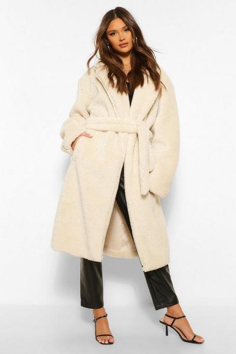 Womens Faux Teddy Fur Belted Coat - White - 10, White