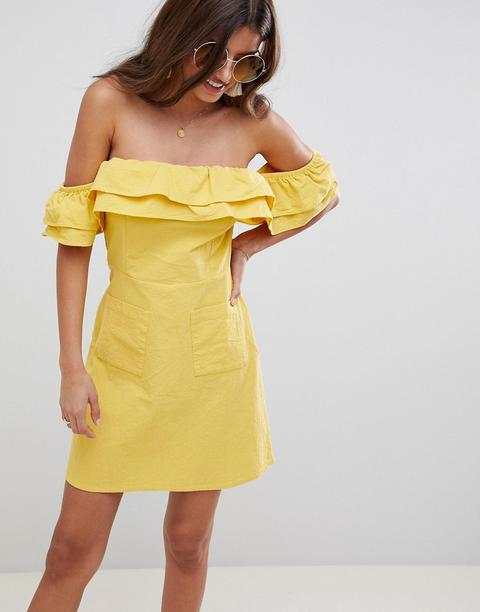 Asos Design - Vestitino Estivo Con Spalle Scoperte E Volant - Giallo