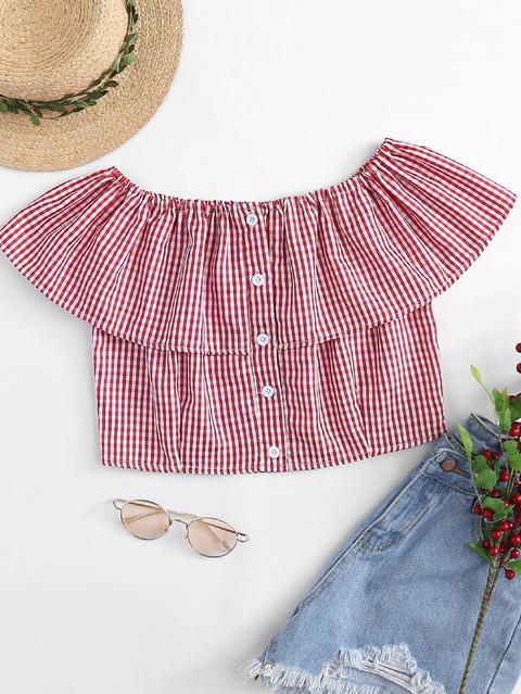 Button Front Plaid Ruffle Blouse