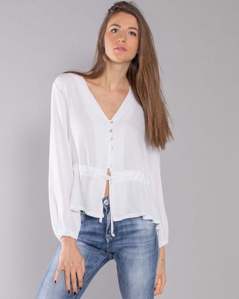 Blusa Escote Uve Cintura Con Lazo Blanco