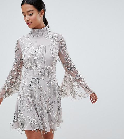 Asos Edition Petite - Skaterkleid Mit Pailletten Und Fransen - Grau