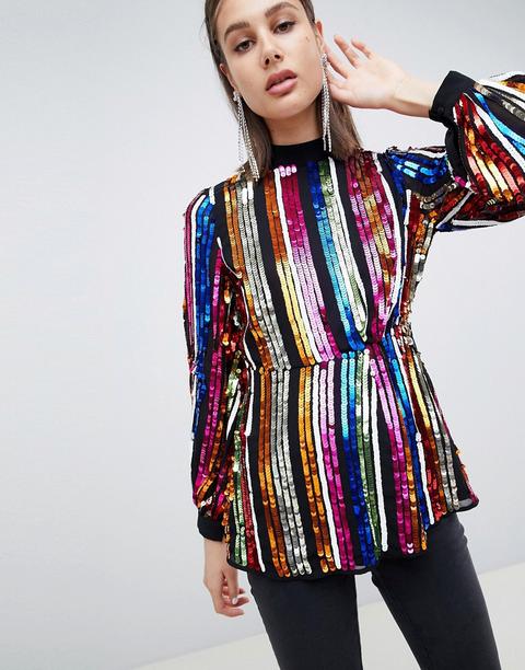 Top Con Cuello Alto Y Lentejuelas A Rayas De Asos Design-multicolor