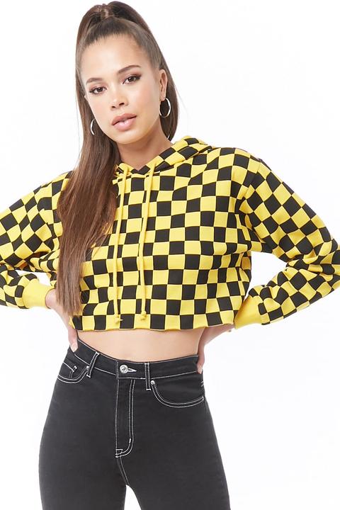 yellow checkered cropped hoodie