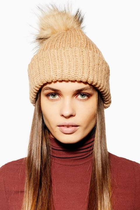 Womens Knitted Faux Fur Pom Pom Beanie - Camel, Camel