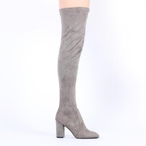 Natalia Square Toe Long Boots In Grey Faux Suede