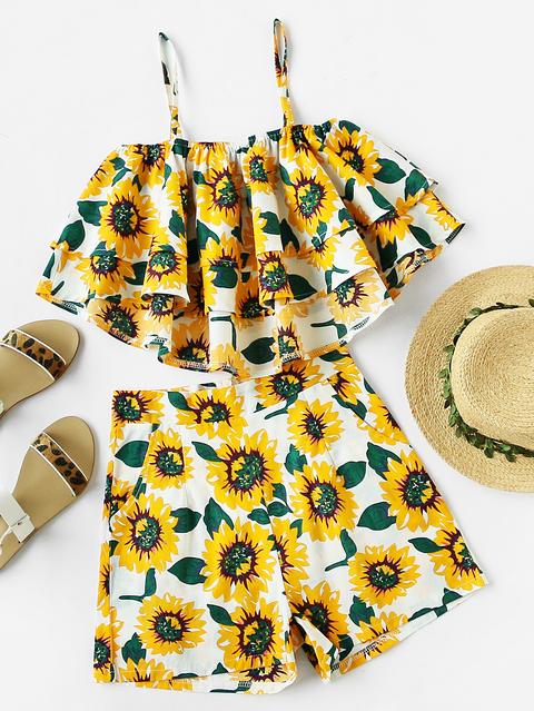 Sunflower Print Tiered Frill Cami Top With Shorts