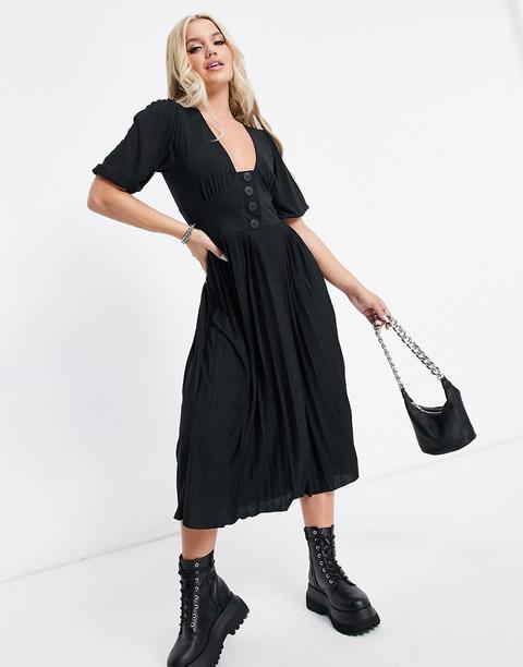 Asos Design - Robe Mi-longue À Boutons, Manches Courtes Et Encolure Dégagée - Noir