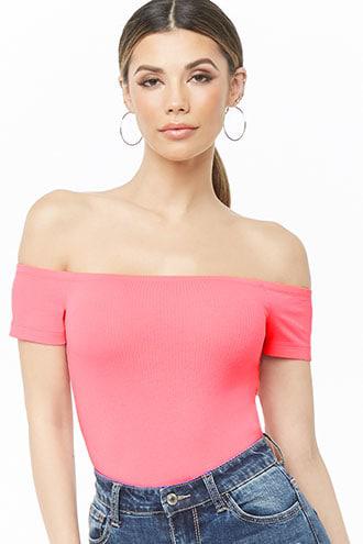 Forever 21 Off-the-shoulder Ribbed Top , Pink