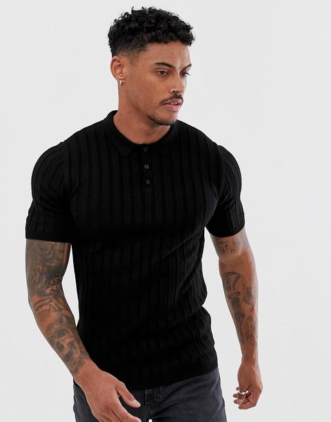 Polo De Punto De Canalé En Negro De Asos Design