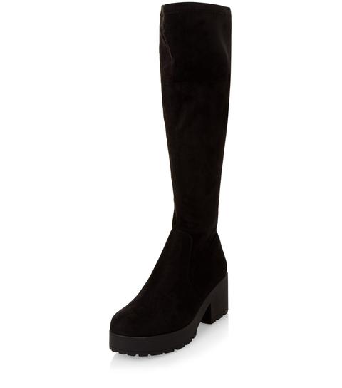 Teens Black Suedette Cleated Sole Knee High Boots