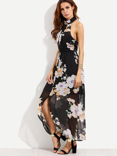 Vestido De Gasa Cuello Halter Estampado Floral - Negro