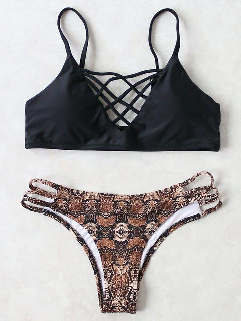 Black Leopard Criss Cross Sexy Bikini Set