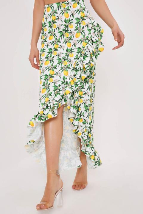 White Lemon Print Wrap Front Flamenco Skirt