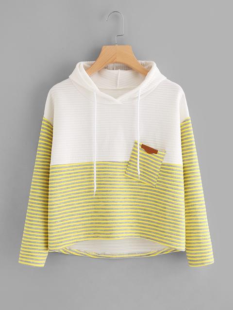 Contrast Striped High Low Drawstring Hooded Pocket Sweatshirt