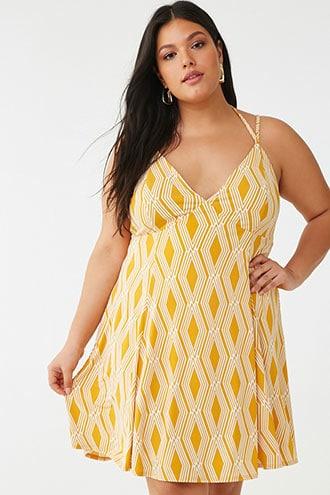 Forever 21 Plus Size Geo Print Cami Dress , Mustard/white