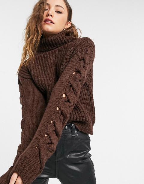 Topshop - Pull En Maille Torsadée Avec Manches À Croisillons - Marron