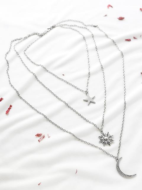 Silver Star Sun Moon Pendant Layered Necklace