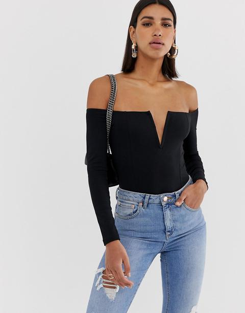 Asos Design - Body A Maniche Lunghe Con Profondo Scollo Alla Bardot E Barretta - Nero