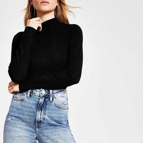 Black Ribbed Front Turtle Neck Top