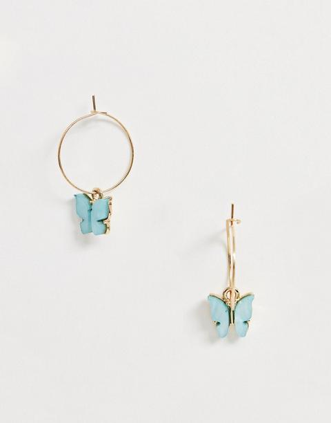 Asos Design Hoop Earrings With Blue Butterfly Charm In Gold Tone