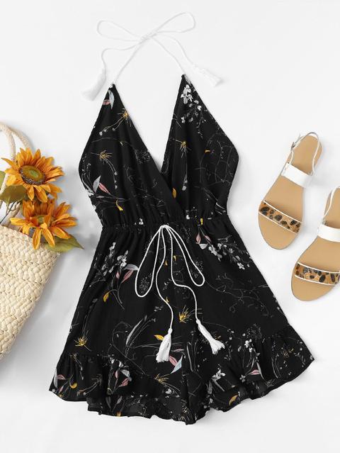 Vacanza A Fiori Annodato Nero Jumpsuits