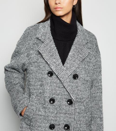 Black Fluffy Dogtooth Double Breasted Coat New Look