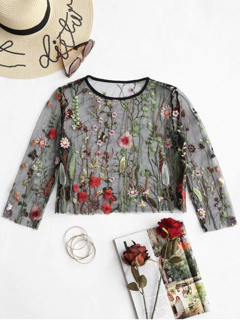 Blusa De Malla Transparente Bordada Floral