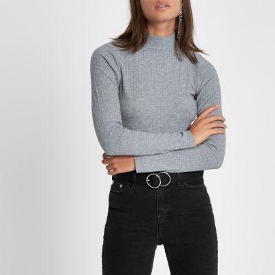 Grey Brushed Rib High Neck Top