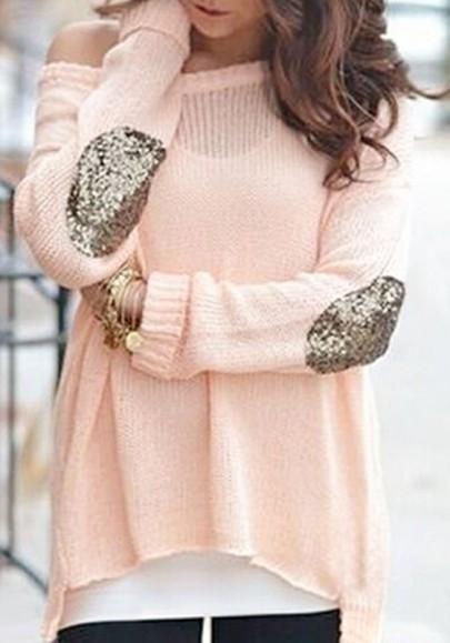 Pullover Lentejuelas Purpurina Codo Fuera Dolman Hombro Manga Larga Casual Rosa