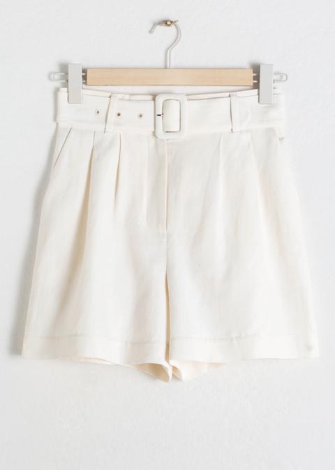 Belted Linen Blend Shorts - White