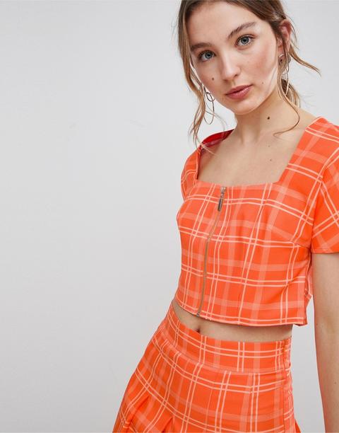 Unique 21 Square Neck Fitted Top With Zip Front In Check Co-ord