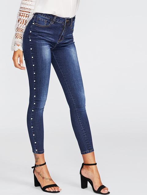Pearl Beaded Faded Wash Jeans