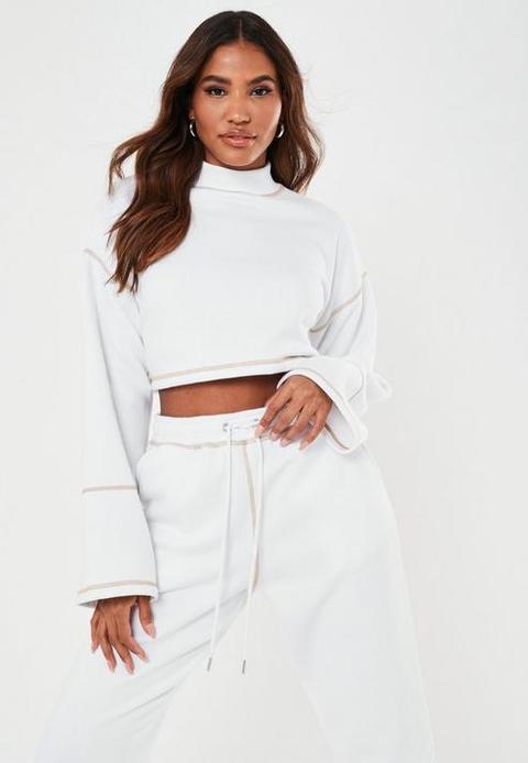 White Co Ord Contrast Stitch Cropped Sweatshirt, White