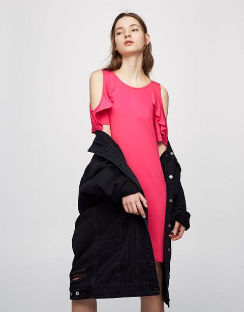Vestido Abertura Hombro Volante