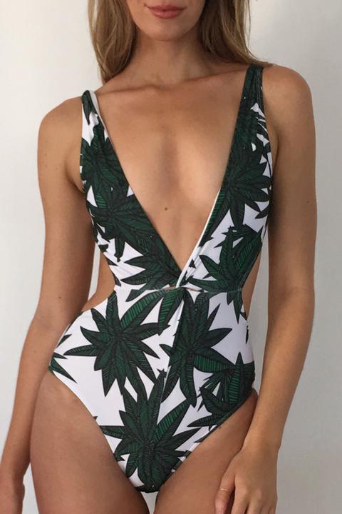 Elastic Leaf Print Plunging Neck One-piece Swimwear