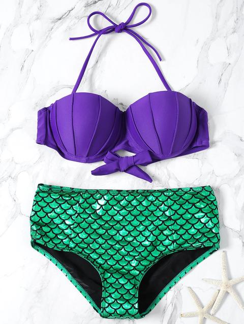 Bikini A Sirena Decorato Con Squame Di Pesce Con Halter