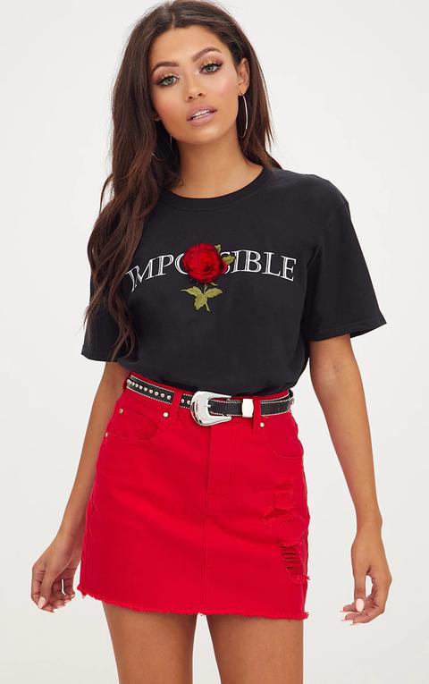 Black Impossible Slogan Rose Applique T Shirt, Black