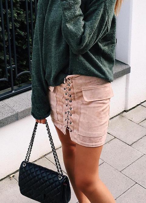 Suede Skirt With Lace-up Detail