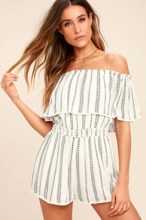 See Ya There White Print Off-the-shoulder Romper - Lulus