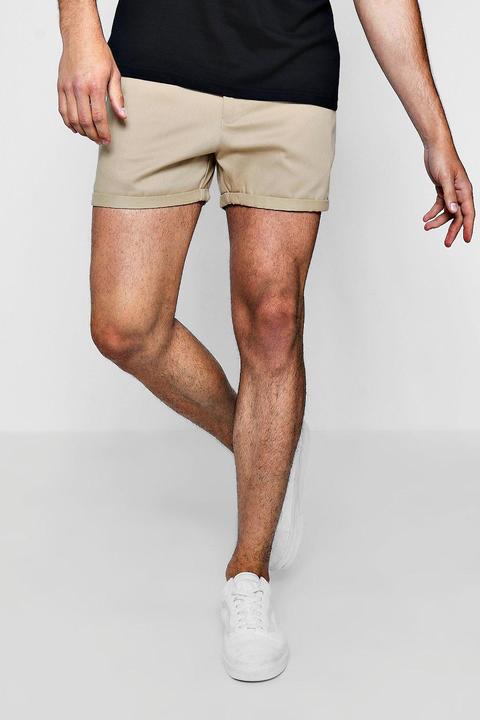 Mens Beige Short Length Slim Fit Chino Short In Stone, Beige