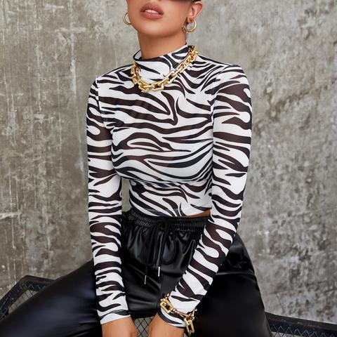 Mock Neck Zebra Striped Sheer Mesh Top Without Bra