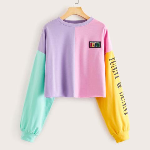 Drop Shoulder Letter Graphic Colour-block Pullover