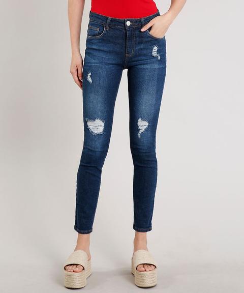 Calça Jeans Feminina Skinny Com Rasgos Azul Escuro