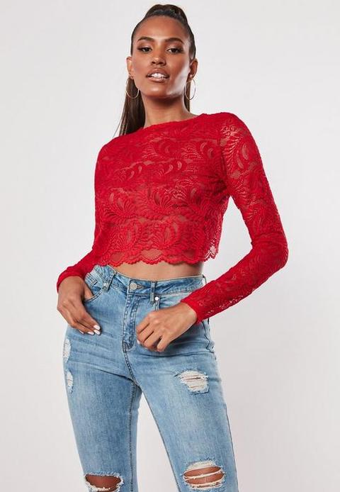 Red Lace Open Back Crop Top, Red from Missguided on 21 Buttons