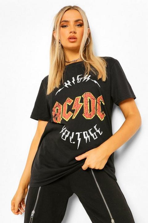 Womens Acdc 'high Voltage' License Print T-shirt - Black - L, Black