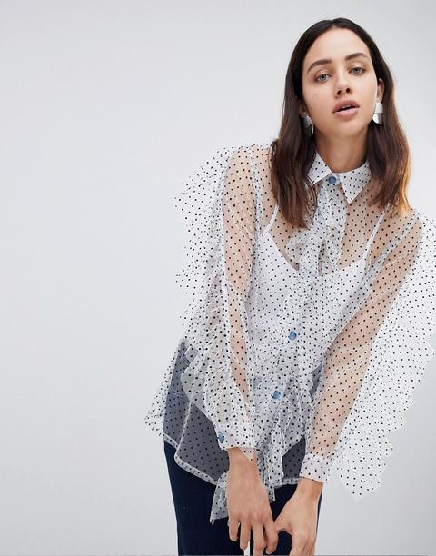 House Of Holland - Camicia In Tulle Floccato Con Volant - Bianco