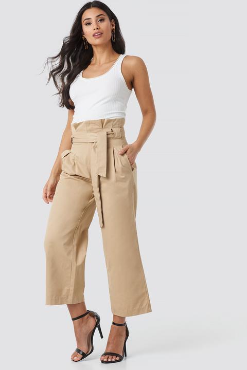 Tied Waist Wide Cotton Pants Beige