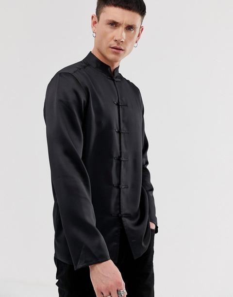 Asos Design Regular Fit Satin Mandarin Collar Shirt In Black