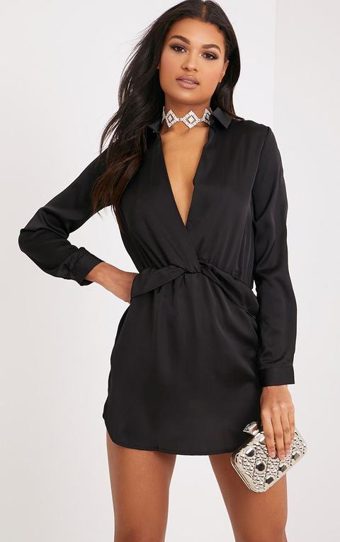 Katalea Black Twist Front Silky Shirt Dress